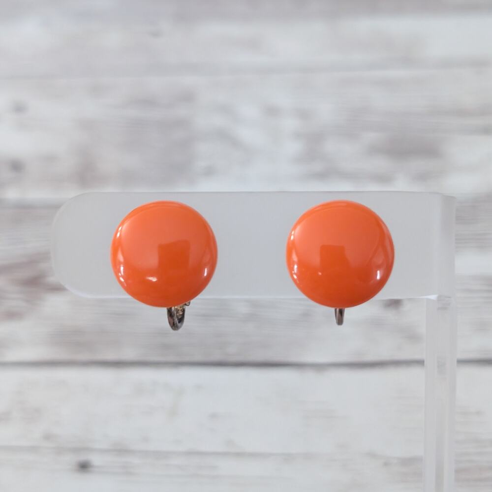 Vintage Clip On Earrings 5/8" Retro Orange Circle - Tarnish to Rear